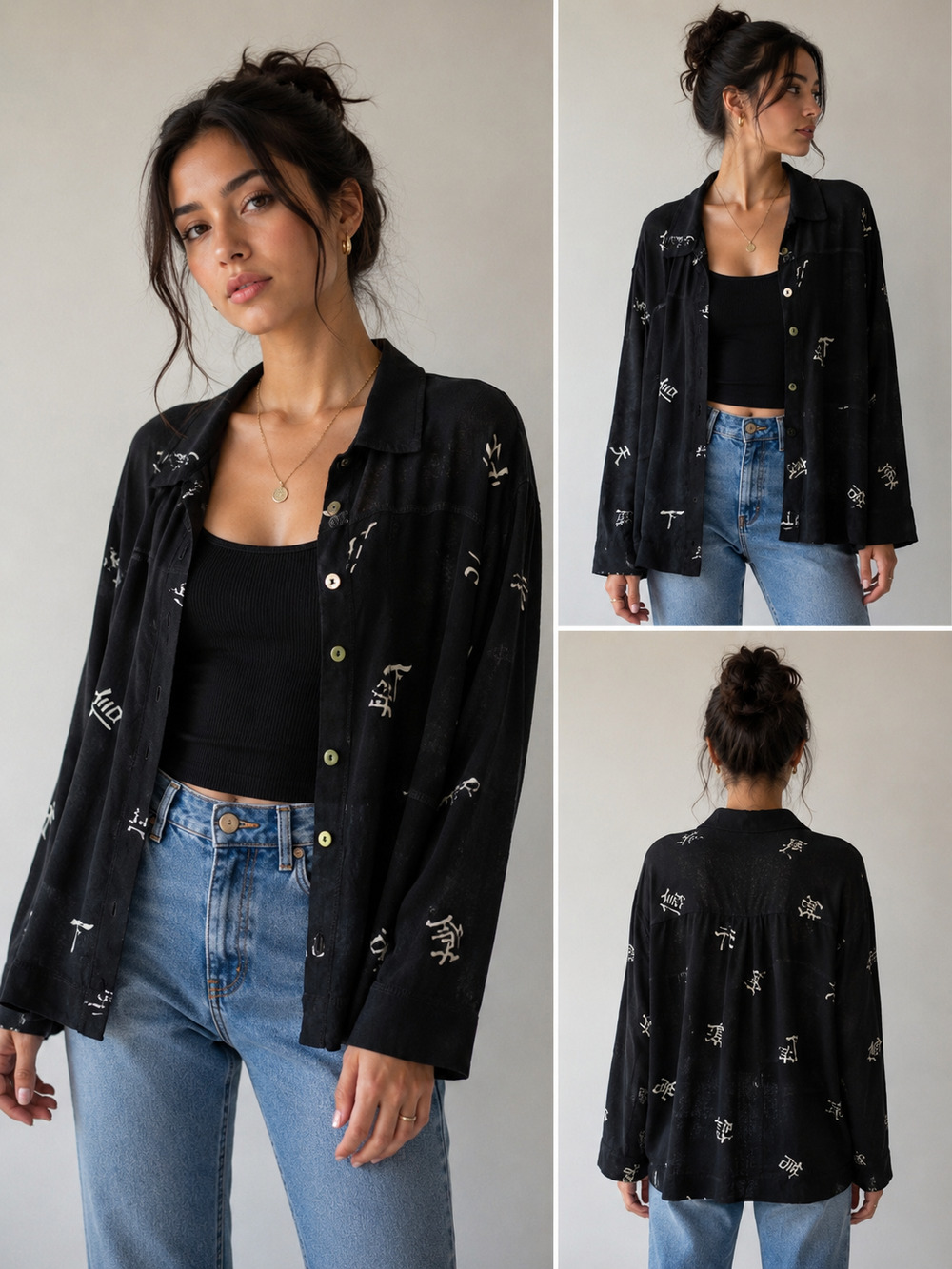 TravelSmith Black Asian Character Print Button Front Shirt Women’s L